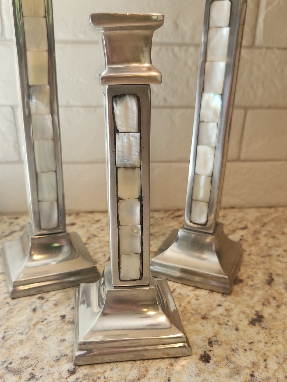 Towle Silversmiths Mother Of Pearl Inlay Candlestick Holders Set Of 3 - Picture 2 of 4
